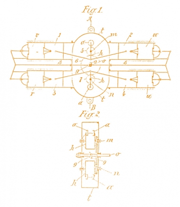 Skica štirivaljnega boksarskega motorja, Puhov patent št. 48877.