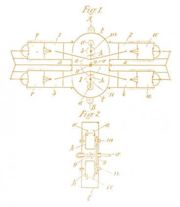 Skica štirivaljnega boksarskega motorja, Puhov patent št. 48877.